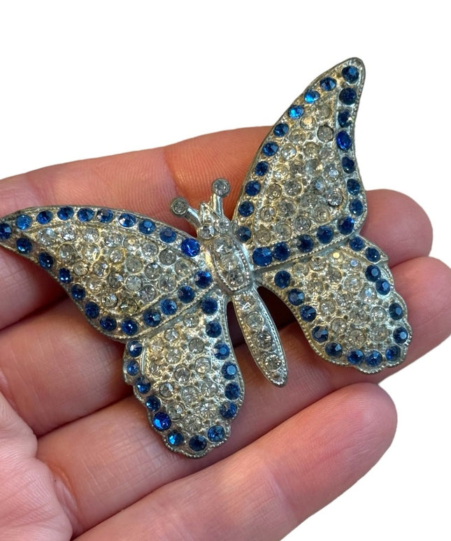 Antique Potmetal blue rhinestone large butterfly brooch