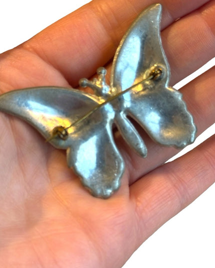 Antique Potmetal blue rhinestone large butterfly brooch
