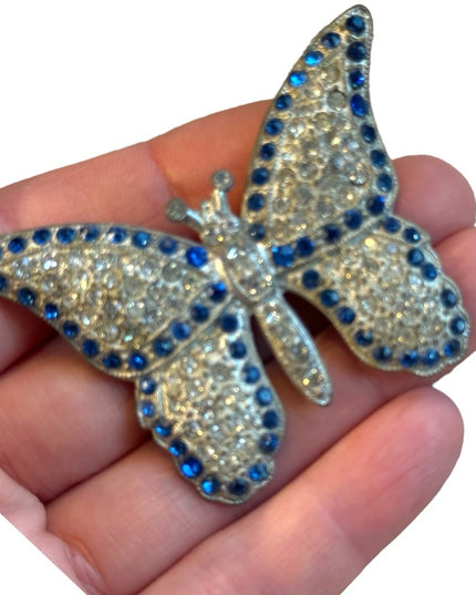 Antique Potmetal blue rhinestone large butterfly brooch