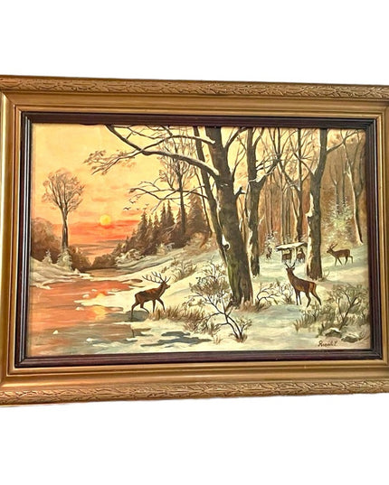 Vintage signed canvas painting Deer in forest sunset over water Surreal