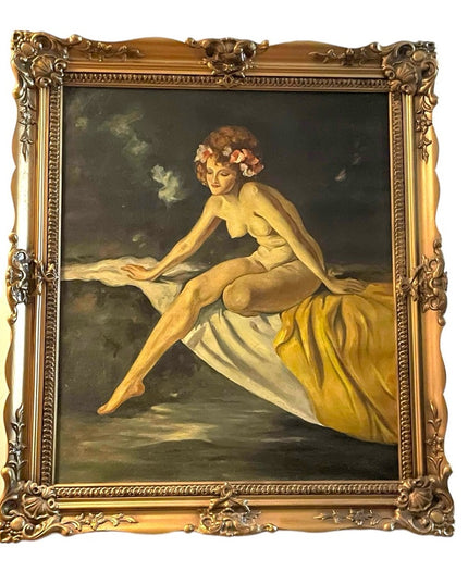 Stunning vintage unsigned oil painting on canvas hand made wood ornate frame