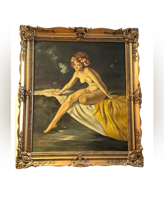 Stunning vintage unsigned oil painting on canvas hand made wood ornate frame