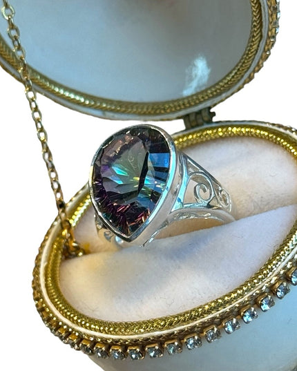 Stunning sterling silver 925 open work Mystic topaz ring filagree