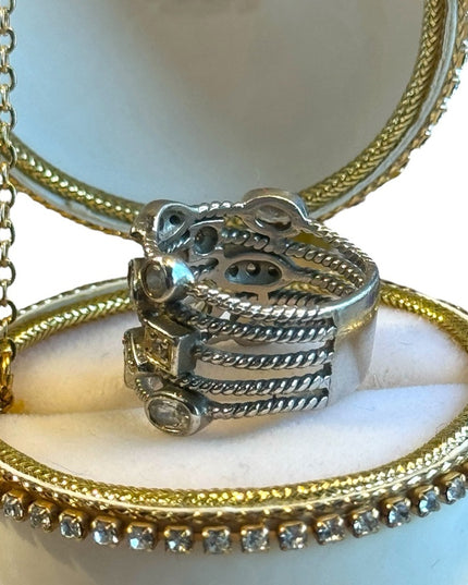 Lovely fancy sterling silver 925 cigar band open work CZ ring