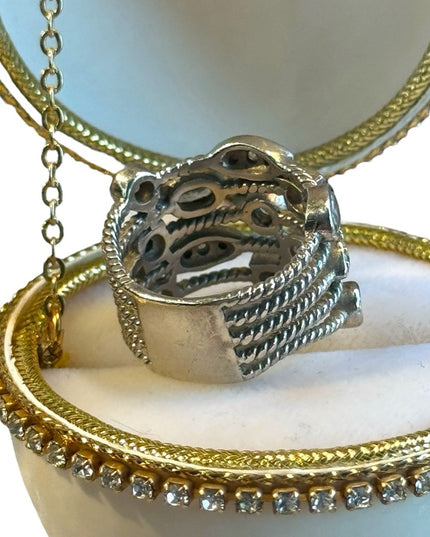 Lovely fancy sterling silver 925 cigar band open work CZ ring