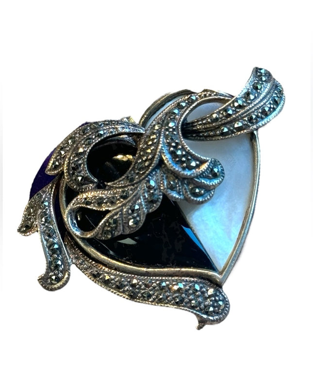 Stunning large vintage Marcasite black onyx MOP hear pendant brooch 925