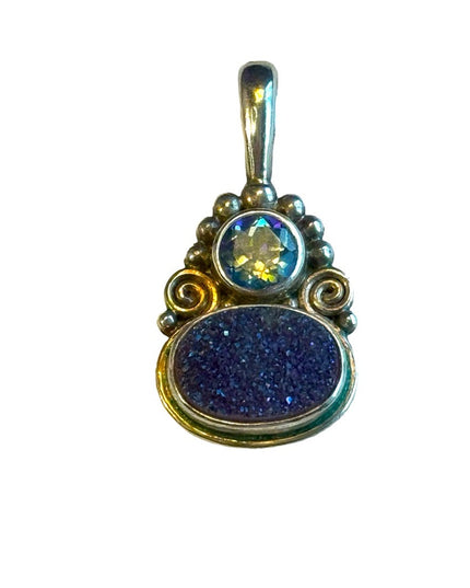 Sajen Designer sterling silver blue topaz & putple druzy necklace pendant