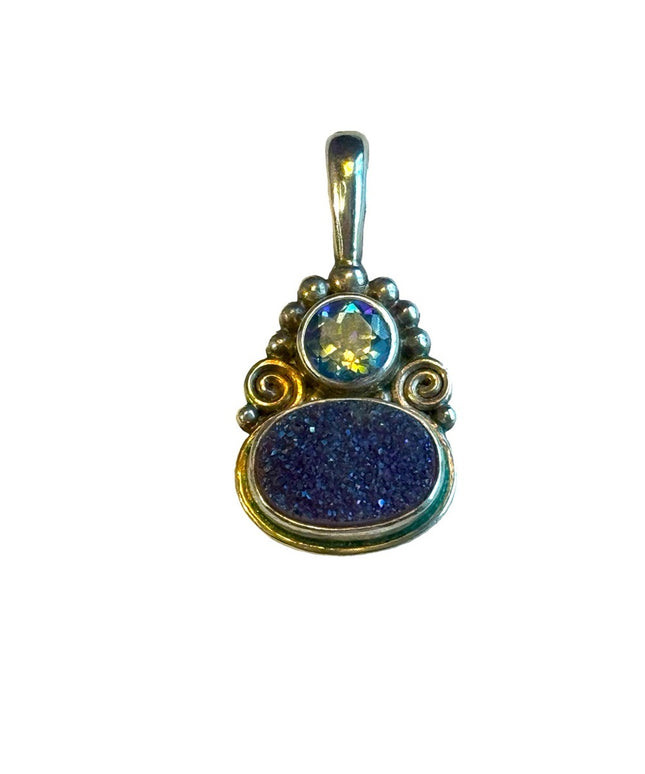 Sajen Designer sterling silver blue topaz & putple druzy necklace pendant