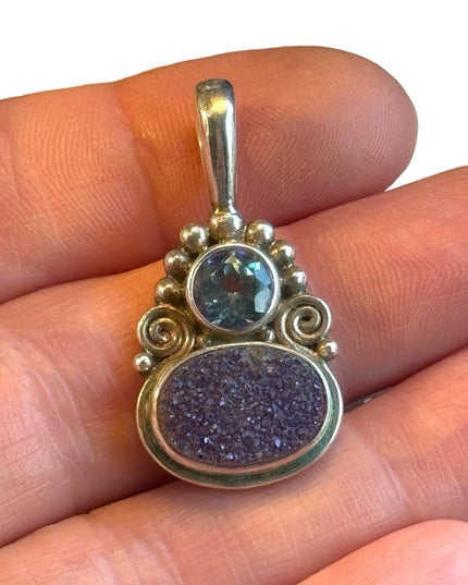 Sajen Designer sterling silver blue topaz & putple druzy necklace pendant
