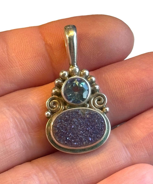 Sajen Designer sterling silver blue topaz & putple druzy necklace pendant
