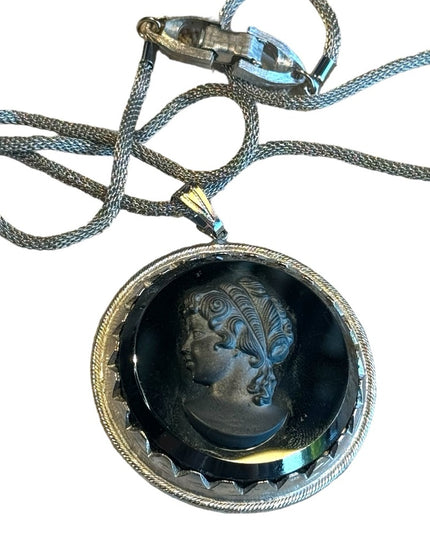 Vintage black glass large silouette CAMEO silver finish chain