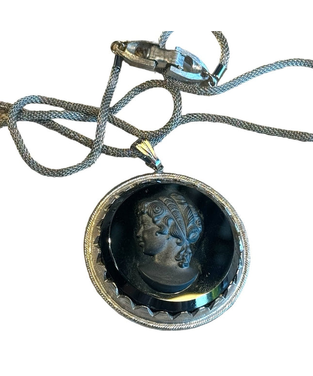 Vintage black glass large silouette CAMEO silver finish chain