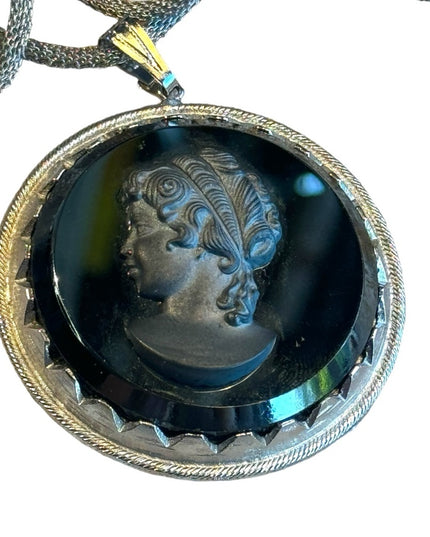 Vintage black glass large silouette CAMEO silver finish chain