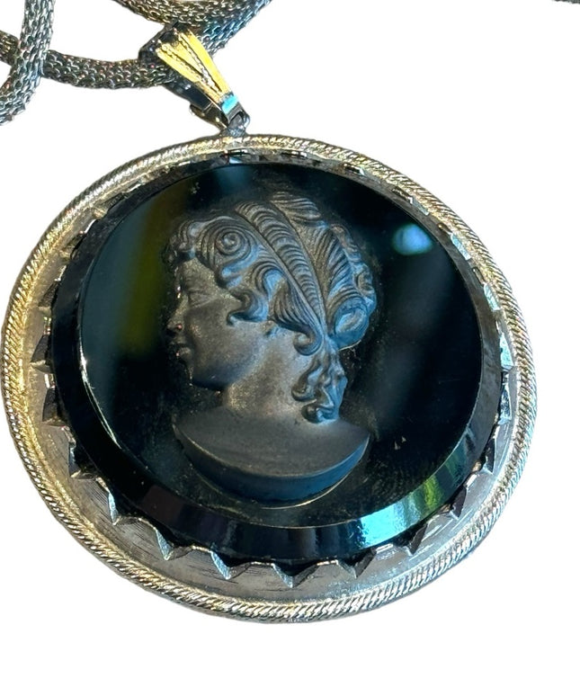 Vintage black glass large silouette CAMEO silver finish chain