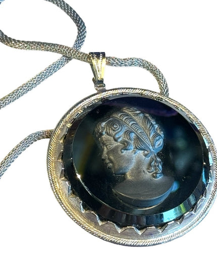 Vintage black glass large silouette CAMEO silver finish chain
