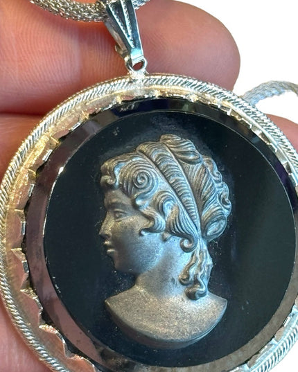 Vintage black glass large silouette CAMEO silver finish chain