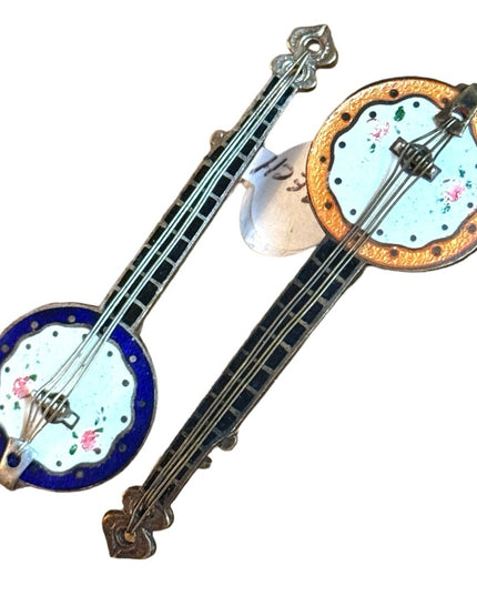 Vintage Pair of Czech Czechoslovakia Enamel Banjo Music Instrument Brooches Pins