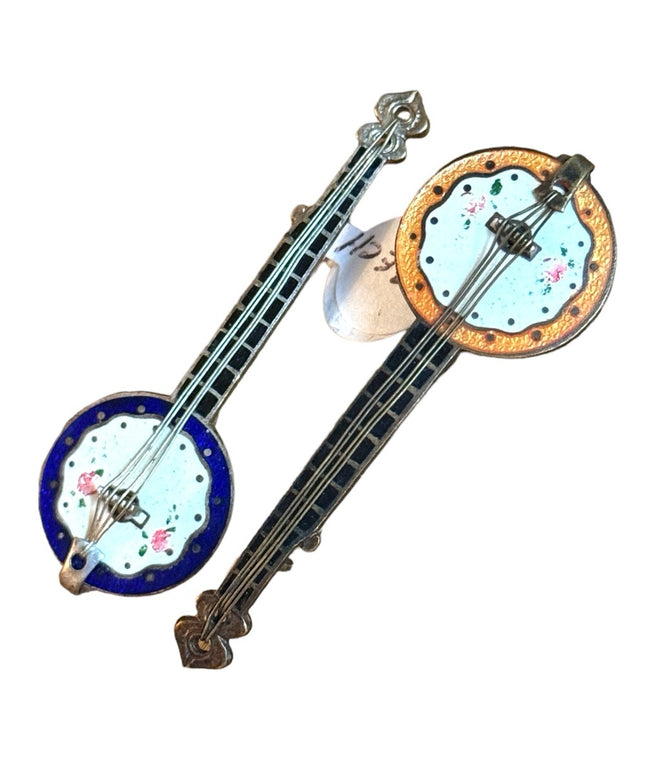 Vintage Pair of Czech Czechoslovakia Enamel Banjo Music Instrument Brooches Pins