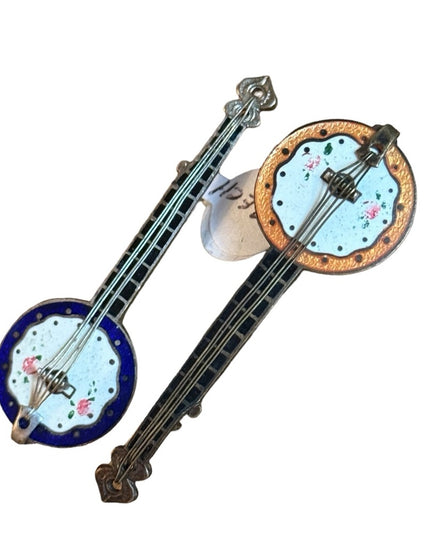 Vintage Pair of Czech Czechoslovakia Enamel Banjo Music Instrument Brooches Pins