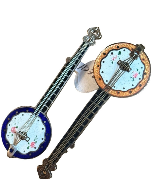 Vintage Pair of Czech Czechoslovakia Enamel Banjo Music Instrument Brooches Pins
