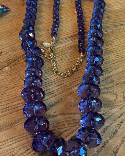 Lovely Joan Rover purple resin plastic Lg bead necklace statement gold finish