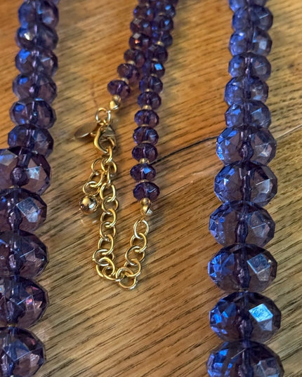 Lovely Joan Rover purple resin plastic Lg bead necklace statement gold finish