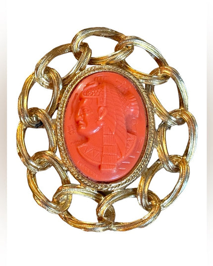 Vintage 1960s orange resin gold finish Egyptian styled CAMEO brooch