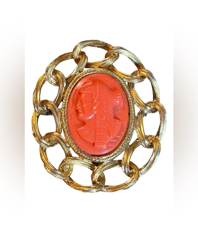 Vintage 1960s orange resin gold finish Egyptian styled CAMEO brooch