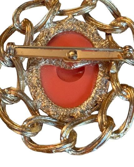 Vintage 1960s orange resin gold finish Egyptian styled CAMEO brooch