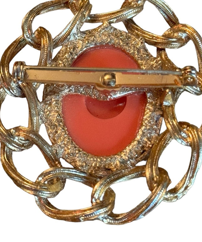 Vintage 1960s orange resin gold finish Egyptian styled CAMEO brooch