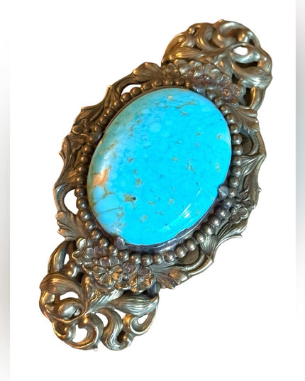 Stunning antique brassy faux turquoise LG Victorian art deco collar brooch WG