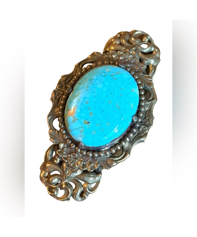 Stunning antique brassy faux turquoise LG Victorian art deco collar brooch WG