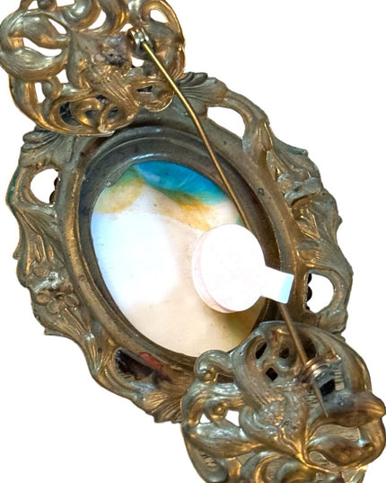 Stunning antique brassy faux turquoise LG Victorian art deco collar brooch WG
