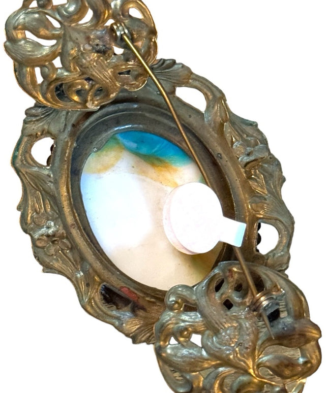 Stunning antique brassy faux turquoise LG Victorian art deco collar brooch WG