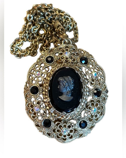 Vintage gold finish antiqued brassy black cameo rhinestone revival necklace
