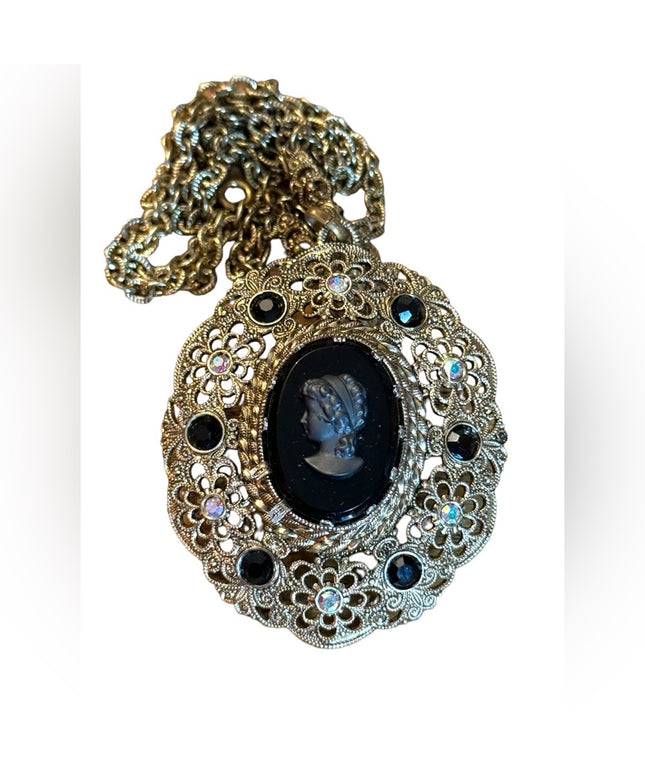 Vintage gold finish antiqued brassy black cameo rhinestone revival necklace