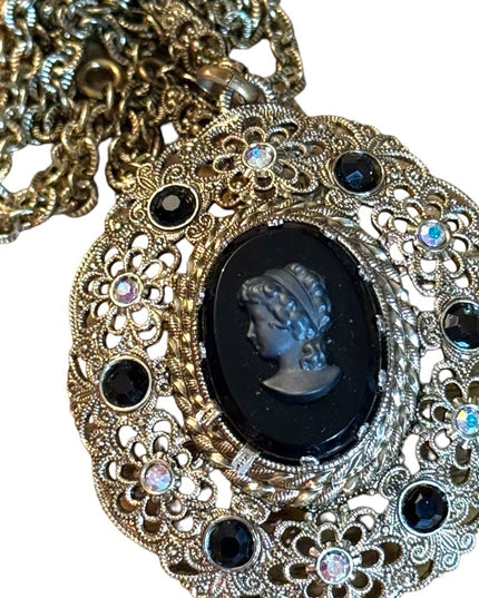 Vintage gold finish antiqued brassy black cameo rhinestone revival necklace