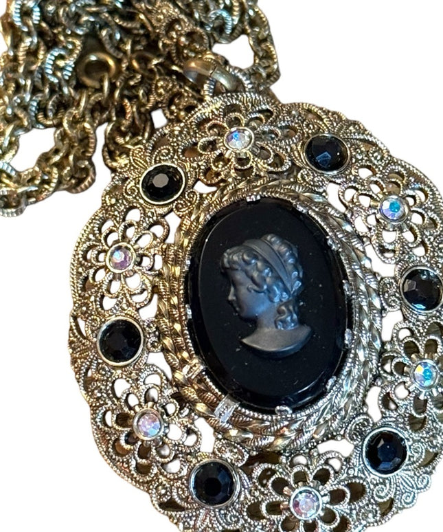 Vintage gold finish antiqued brassy black cameo rhinestone revival necklace