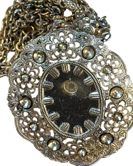 Vintage gold finish antiqued brassy black cameo rhinestone revival necklace