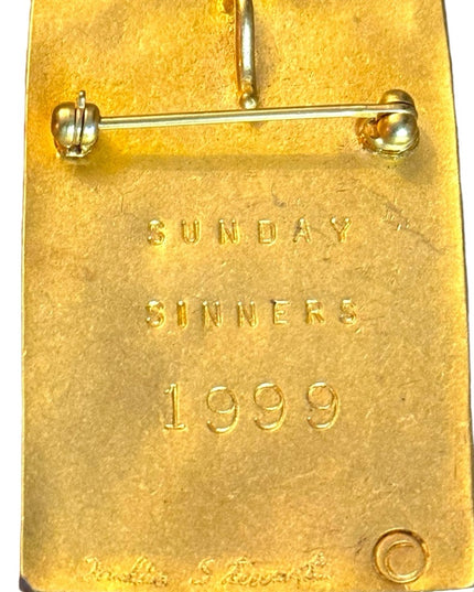 Stunning gold plate SUNDAY SINNERS 1999 Face carnivale brooch New Orleans