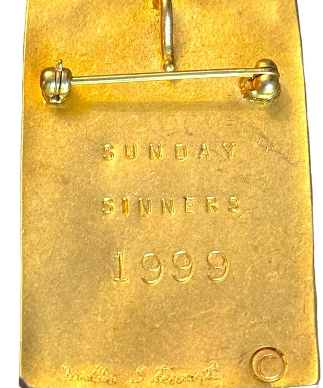 Stunning gold plate SUNDAY SINNERS 1999 Face carnivale brooch New Orleans