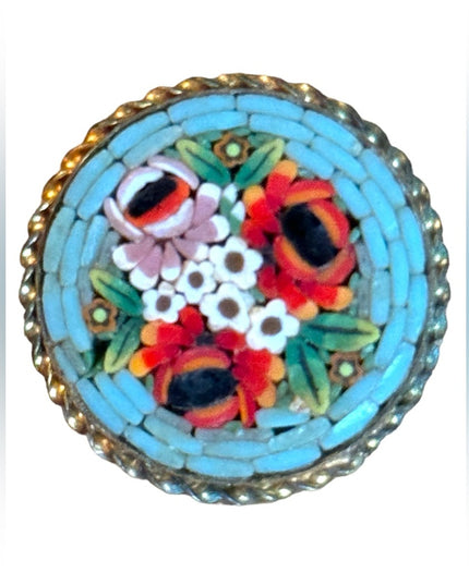Vintage 1940s ITALY stamped gold finish micro mosaic glass flower brooch