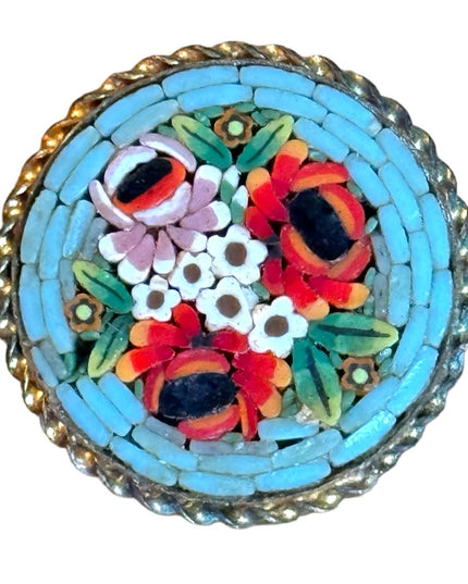 Vintage 1940s ITALY stamped gold finish micro mosaic glass flower brooch