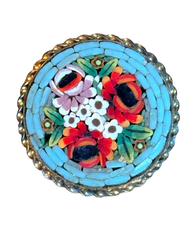 Vintage 1940s ITALY stamped gold finish micro mosaic glass flower brooch