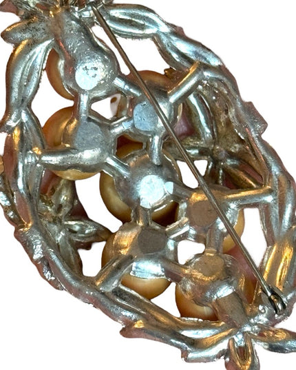 Vintage 1940s Faux pearl large rhinestone flower ornate brooch silver finish