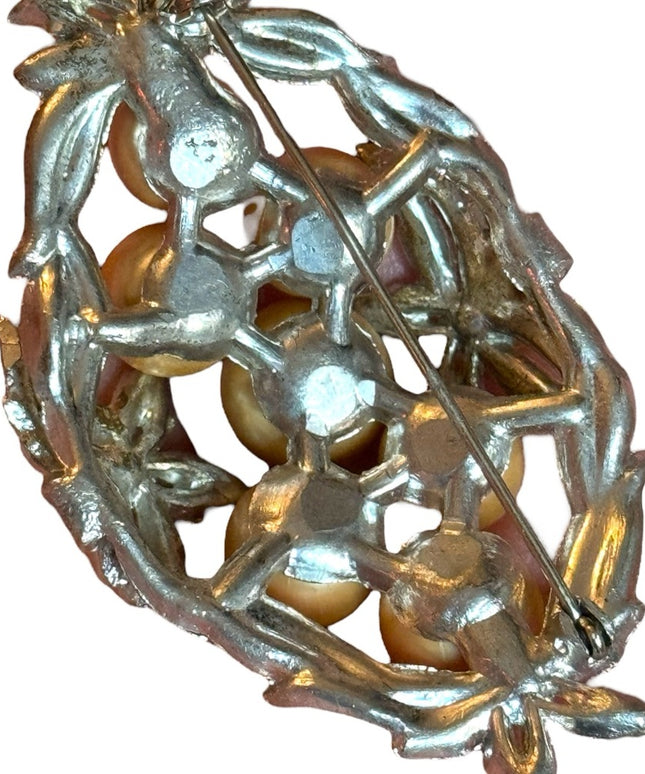 Vintage 1940s Faux pearl large rhinestone flower ornate brooch silver finish