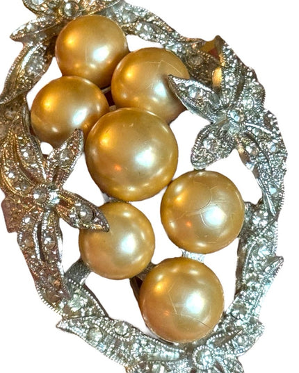 Vintage 1940s Faux pearl large rhinestone flower ornate brooch silver finish