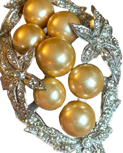 Vintage 1940s Faux pearl large rhinestone flower ornate brooch silver finish