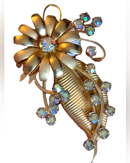 Vintage 1950s KRAMER gold finish AB crystal flower brooch