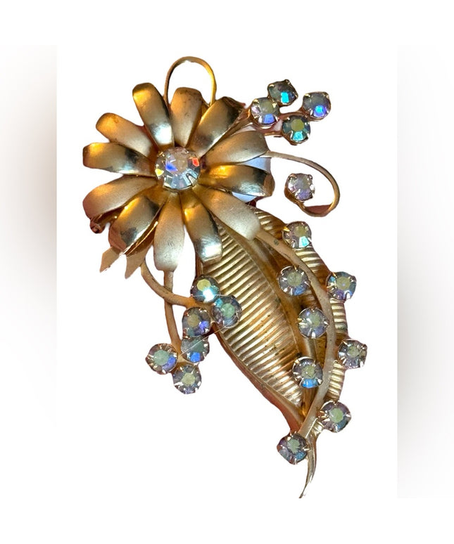 Vintage 1950s KRAMER gold finish AB crystal flower brooch